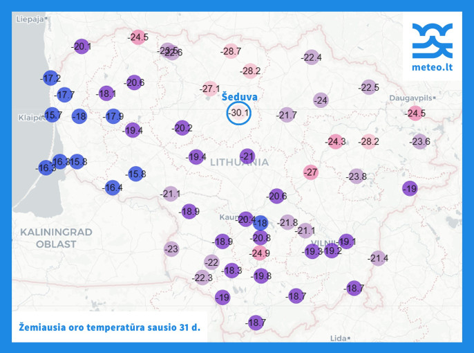 Lietuvoje užfiksuotas itin stiprus speigas: temperatūra nukrito iki –30,1 laipsnio
