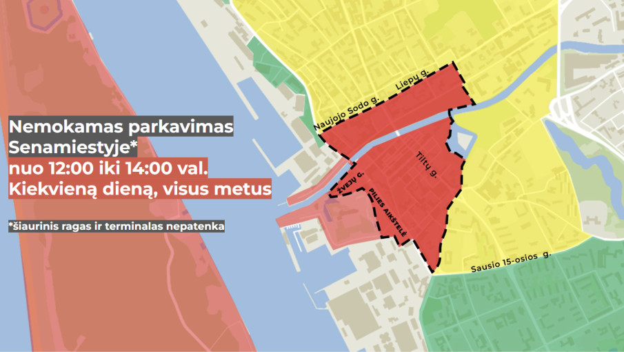 Klaipėdos senamiestyje įsigalioja nemokamas parkavimas pietų metu