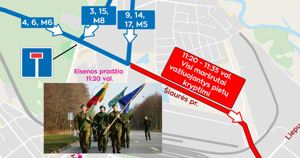 Pirmadienį dėl kariškių žygiavimo keisis autobusų eismas